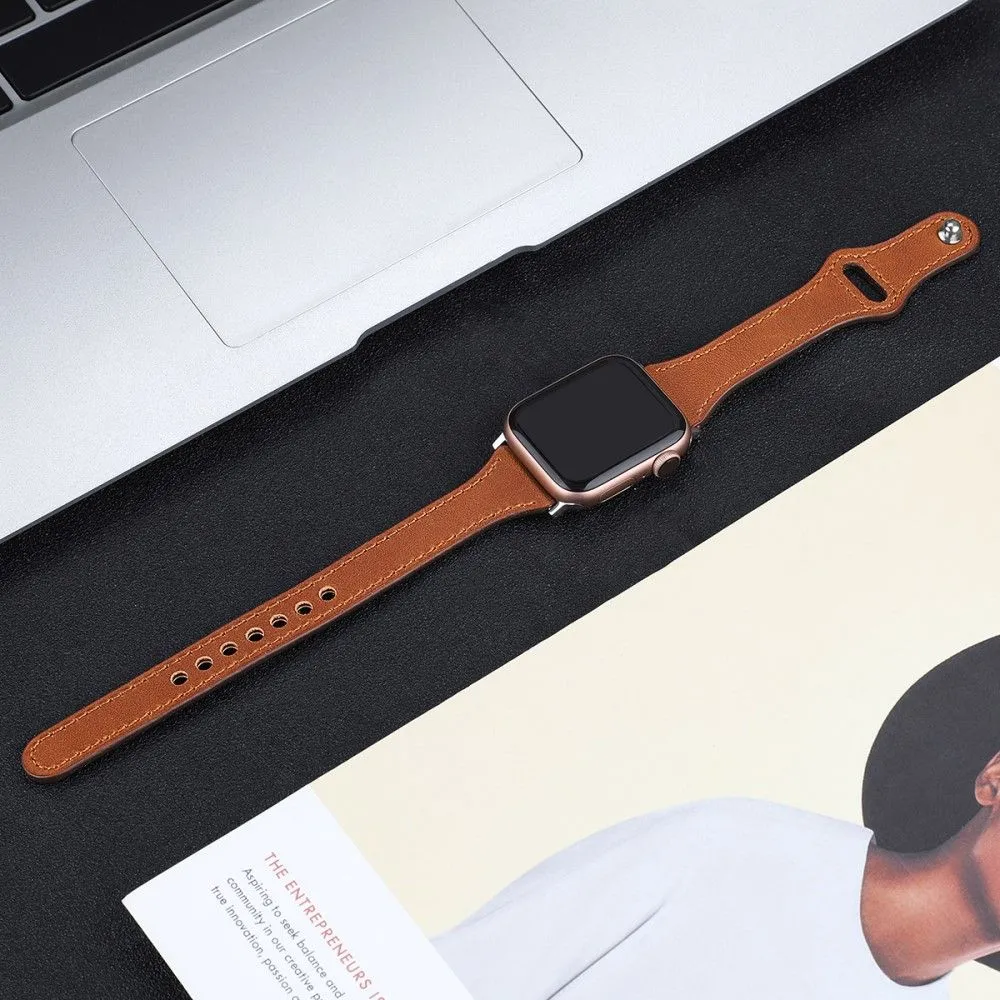 Apple Watch (45mm) stitching line genuine leather watch strap - Brown / Size: L