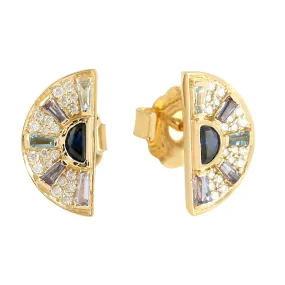 Baguette Blue Sapphire Tanzanite Topaz Multiple Gemstone Pave Diamond Stud In Gold