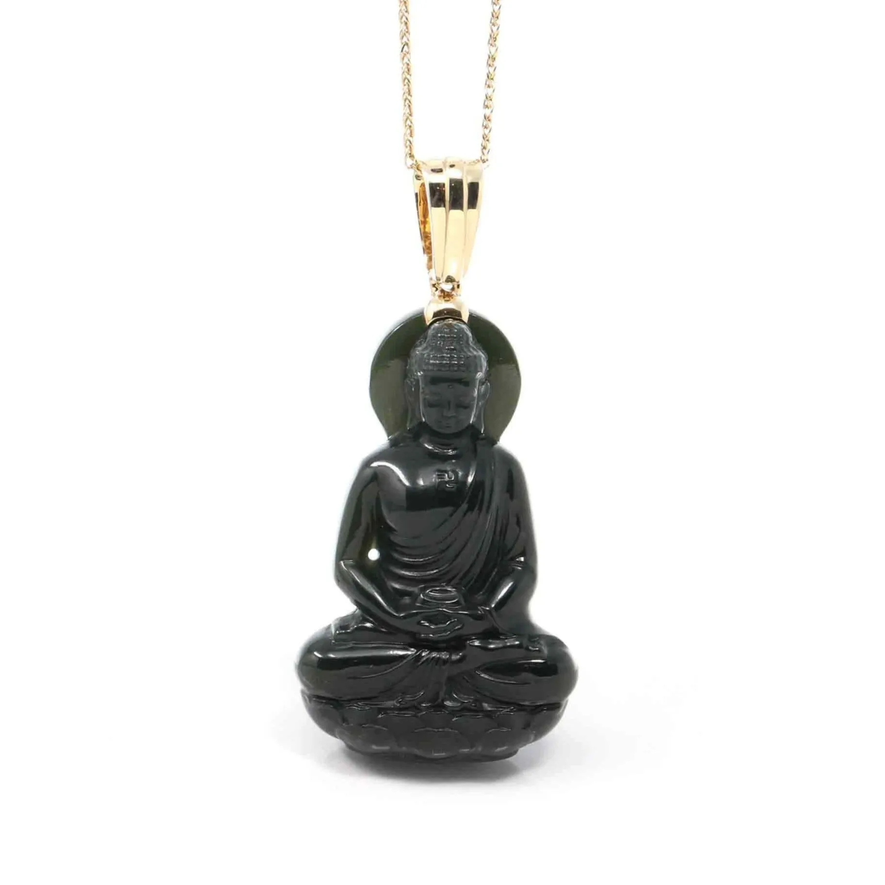 Baikalla™ 14K Yellow Gold Genuine Nephrite Black Jade " Ru Lai Buddha " Pendant Necklace