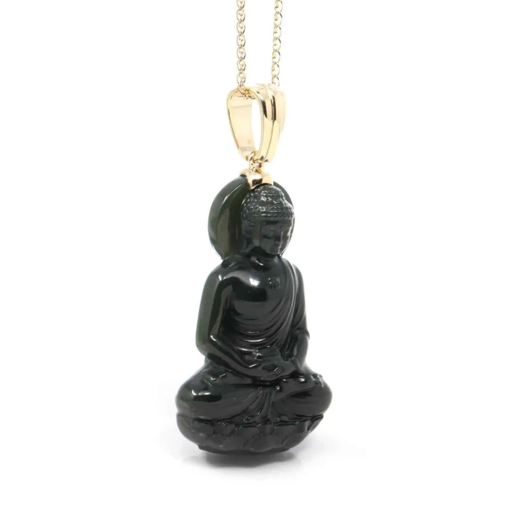 Baikalla™ 14K Yellow Gold Genuine Nephrite Black Jade " Ru Lai Buddha " Pendant Necklace