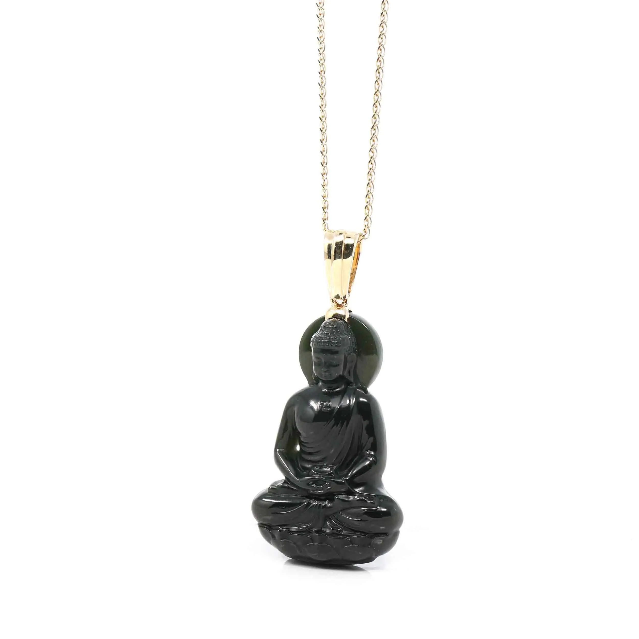 Baikalla™ 14K Yellow Gold Genuine Nephrite Black Jade " Ru Lai Buddha " Pendant Necklace