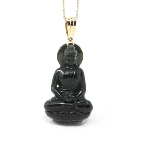 Baikalla™ 14K Yellow Gold Genuine Nephrite Black Jade " Ru Lai Buddha " Pendant Necklace