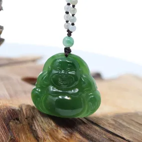 Baikalla™ "Laughing Buddha" With Classic Beads Necklace Genuine Nephrite Green Jade Buddha Pendant Necklace