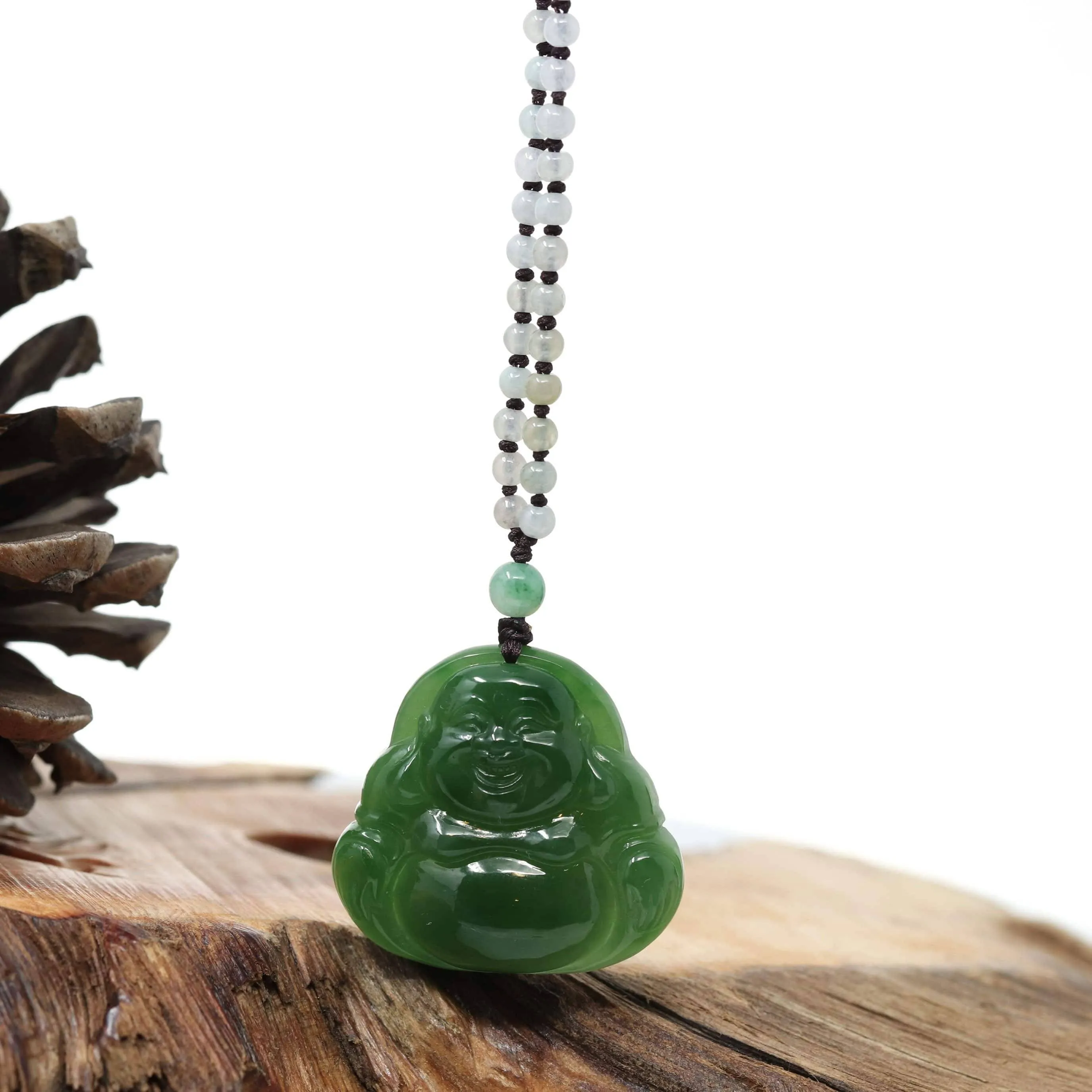 Baikalla™ "Laughing Buddha" With Classic Beads Necklace Genuine Nephrite Green Jade Buddha Pendant Necklace