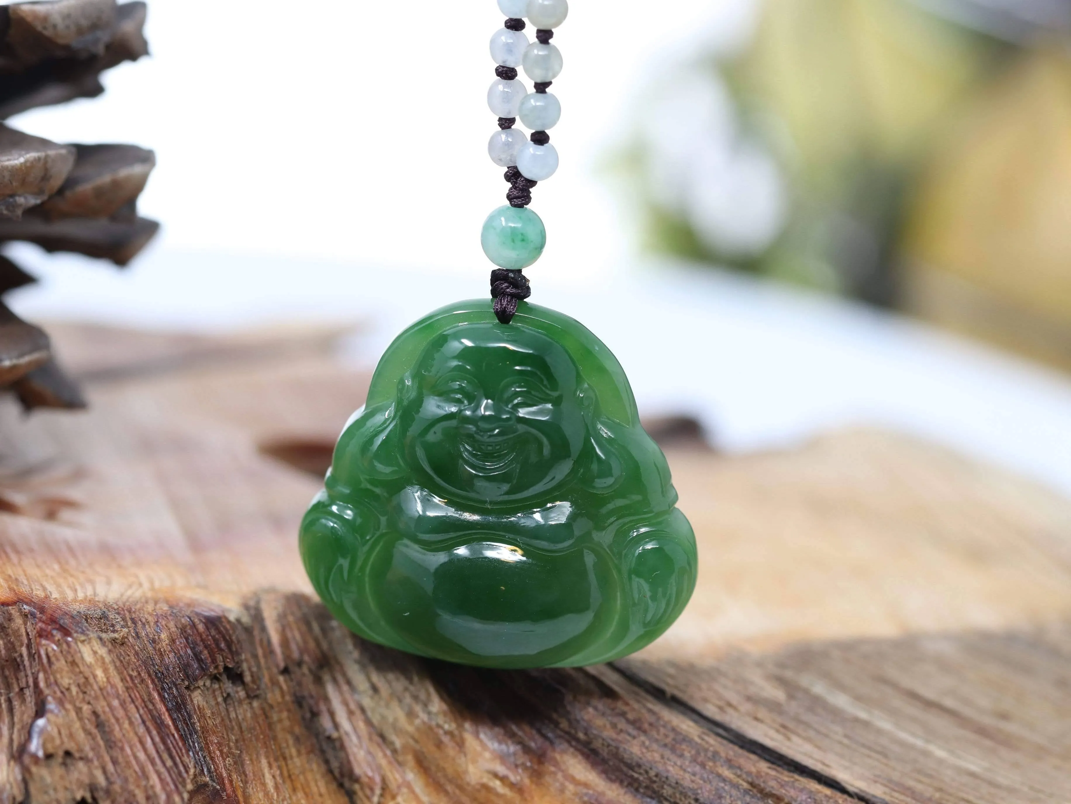 Baikalla™ "Laughing Buddha" With Classic Beads Necklace Genuine Nephrite Green Jade Buddha Pendant Necklace