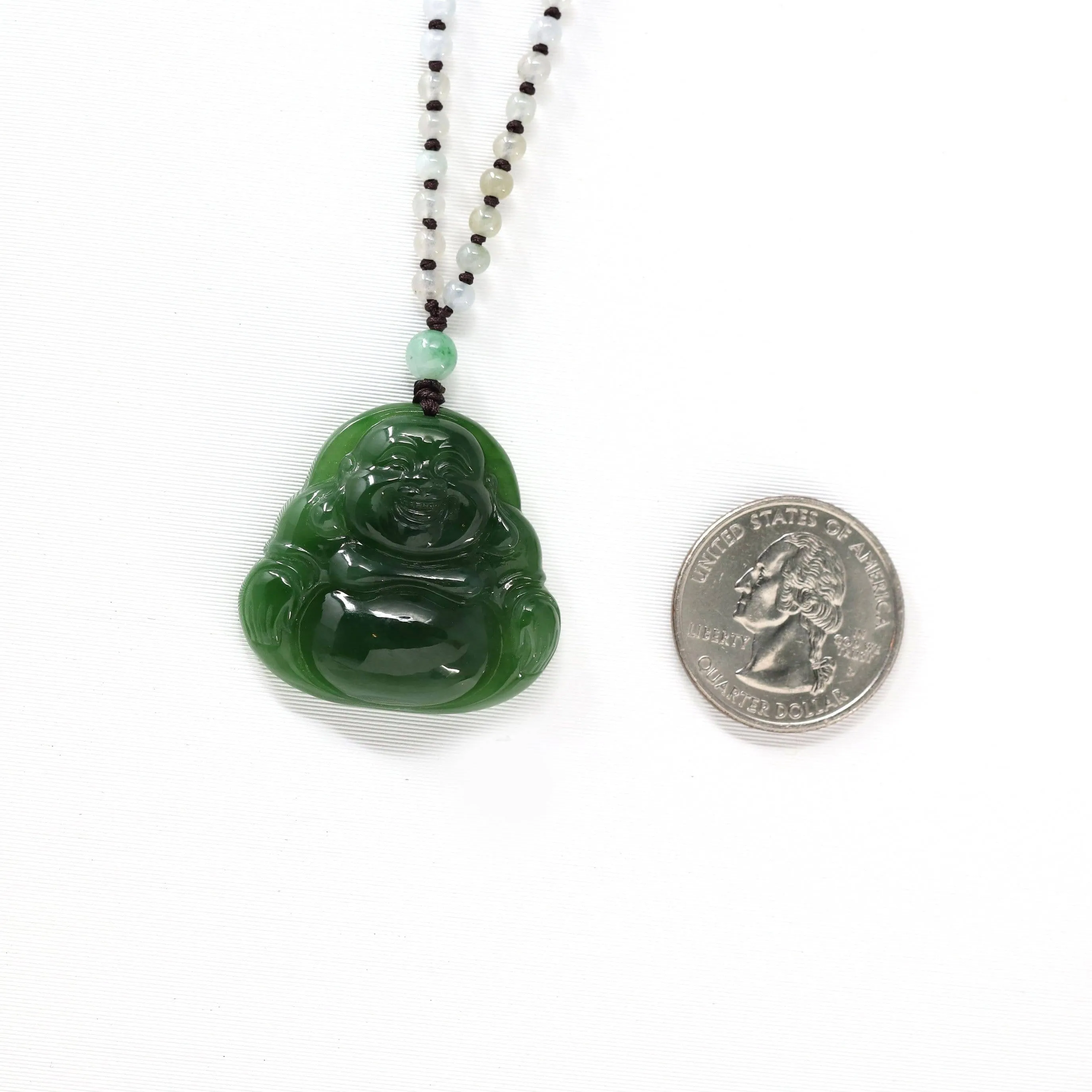 Baikalla™ "Laughing Buddha" With Classic Beads Necklace Genuine Nephrite Green Jade Buddha Pendant Necklace