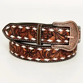 Bar H Equine Floral Tooled Buck Stitch Leather Belt