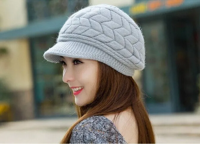 Beanies Fleece Inside Knitted Hats Rabbit Fur Outdoor Knitted Woolen Warm Winter Cap