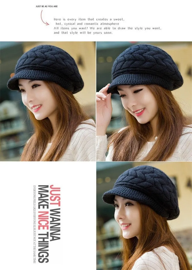 Beanies Fleece Inside Knitted Hats Rabbit Fur Outdoor Knitted Woolen Warm Winter Cap