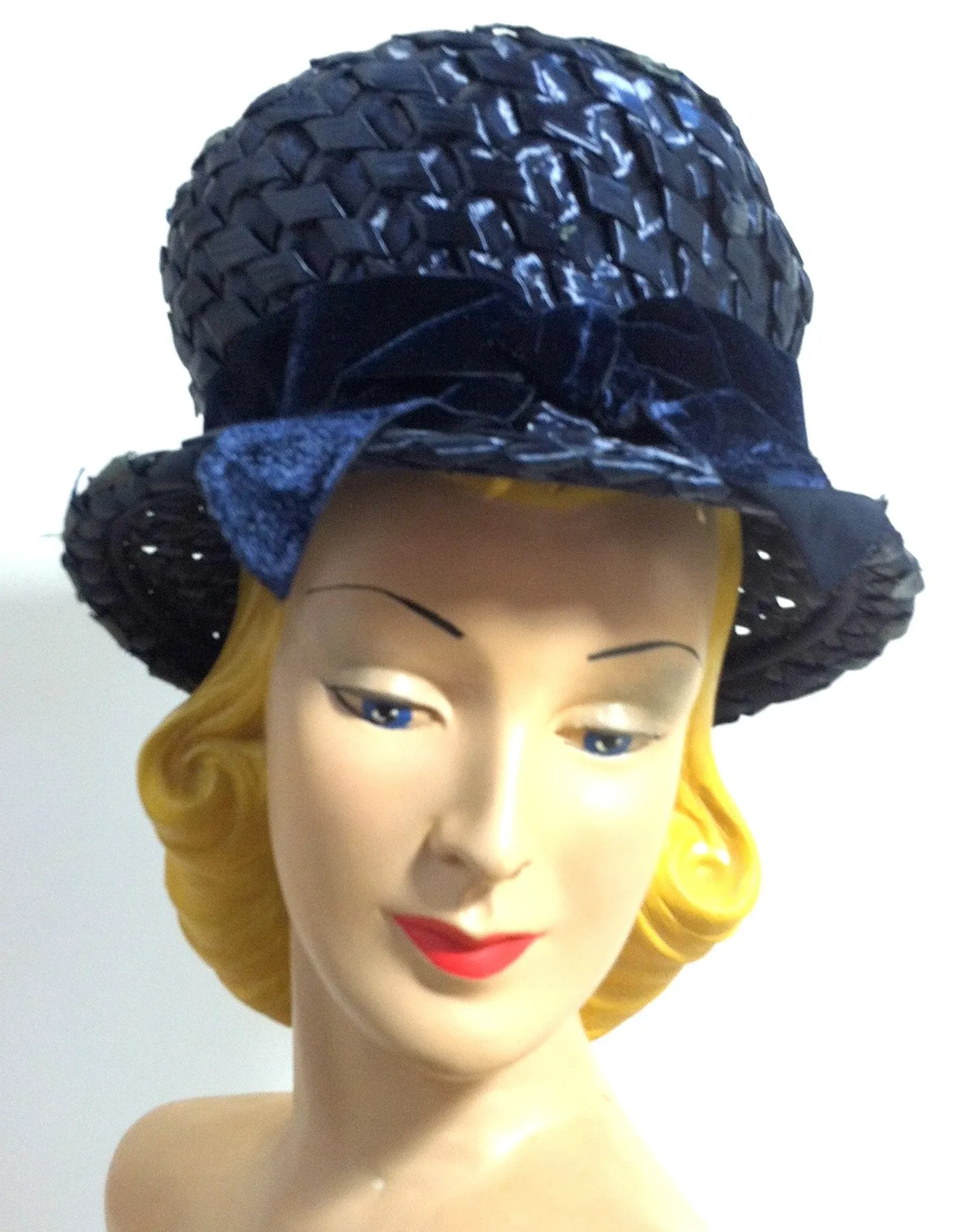 Big Glossy Blue Sisal Bubble Hat w/ Velvet Bow circa 1960s