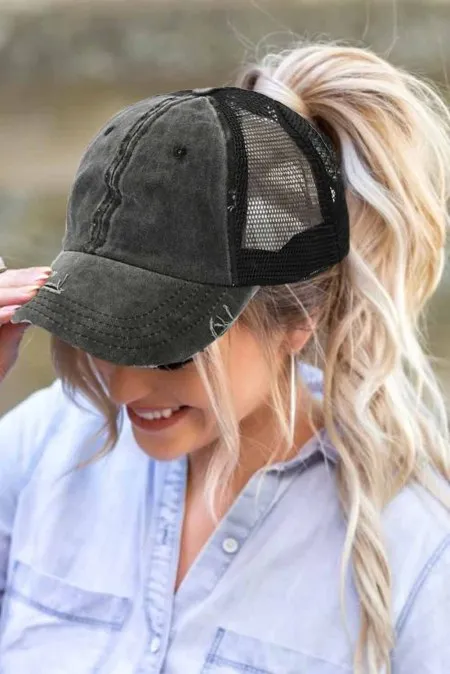 Black Distressed ponytail hat.