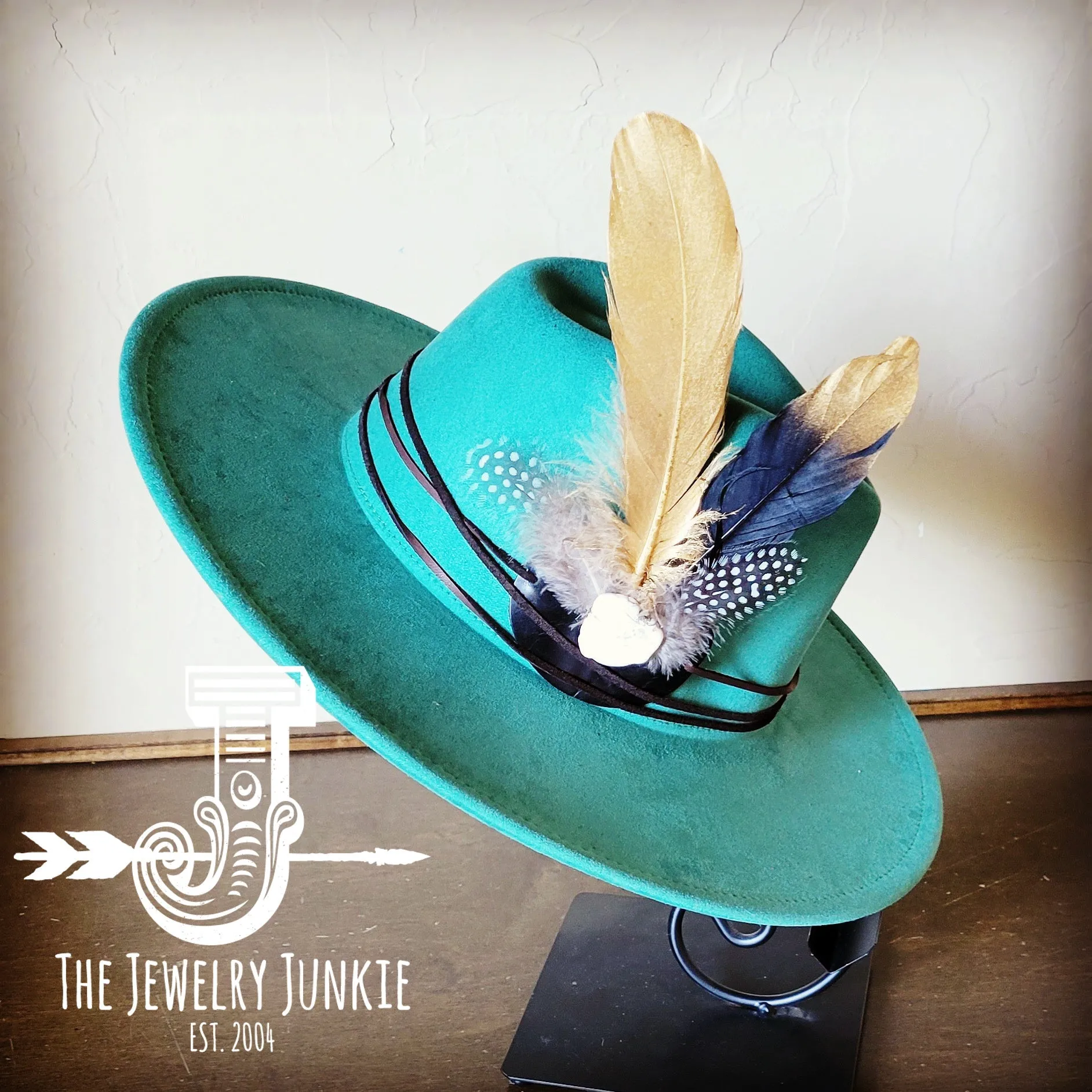 Black Gold Feather & Turquoise Slab Hat Band   Choice of Hat 986b