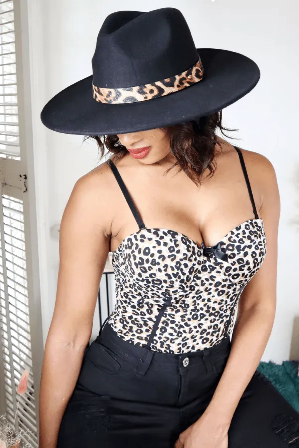 Black Leopard Strap Fedora Hat