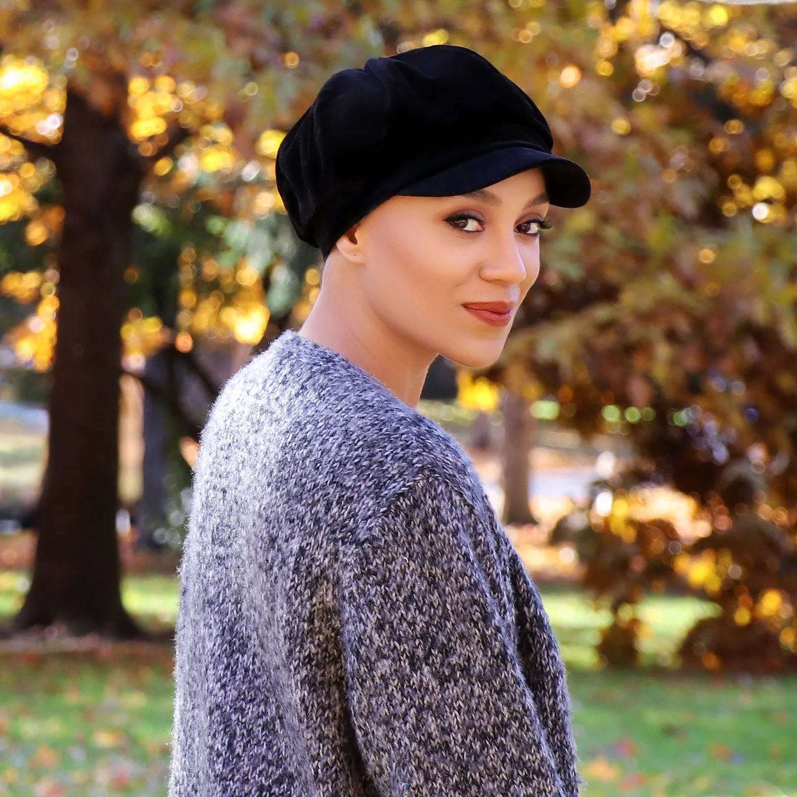 Black Velvet Newsboy Cabbie Hat for Women Chemo Headwear