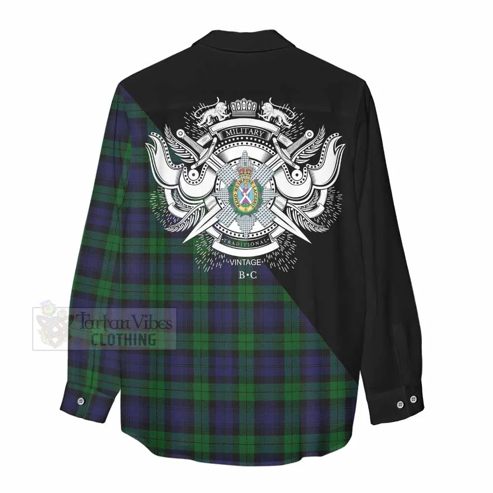 Black Watch Tartan Women's Casual Shirt with Family Crest and Military Logo Style