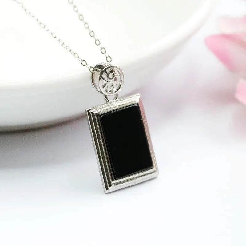 Blackish Green Natural Jade Rectangle Sterling Silver Pendant Necklace