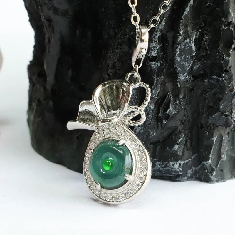 Blue Green Jade Money Bag Sterling Silver Pendant Necklace