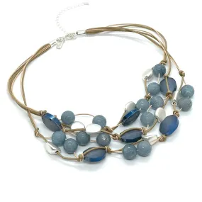 Blue Jade And Blue Matte Crystal With Matte Silver Bead Torsade Necklace