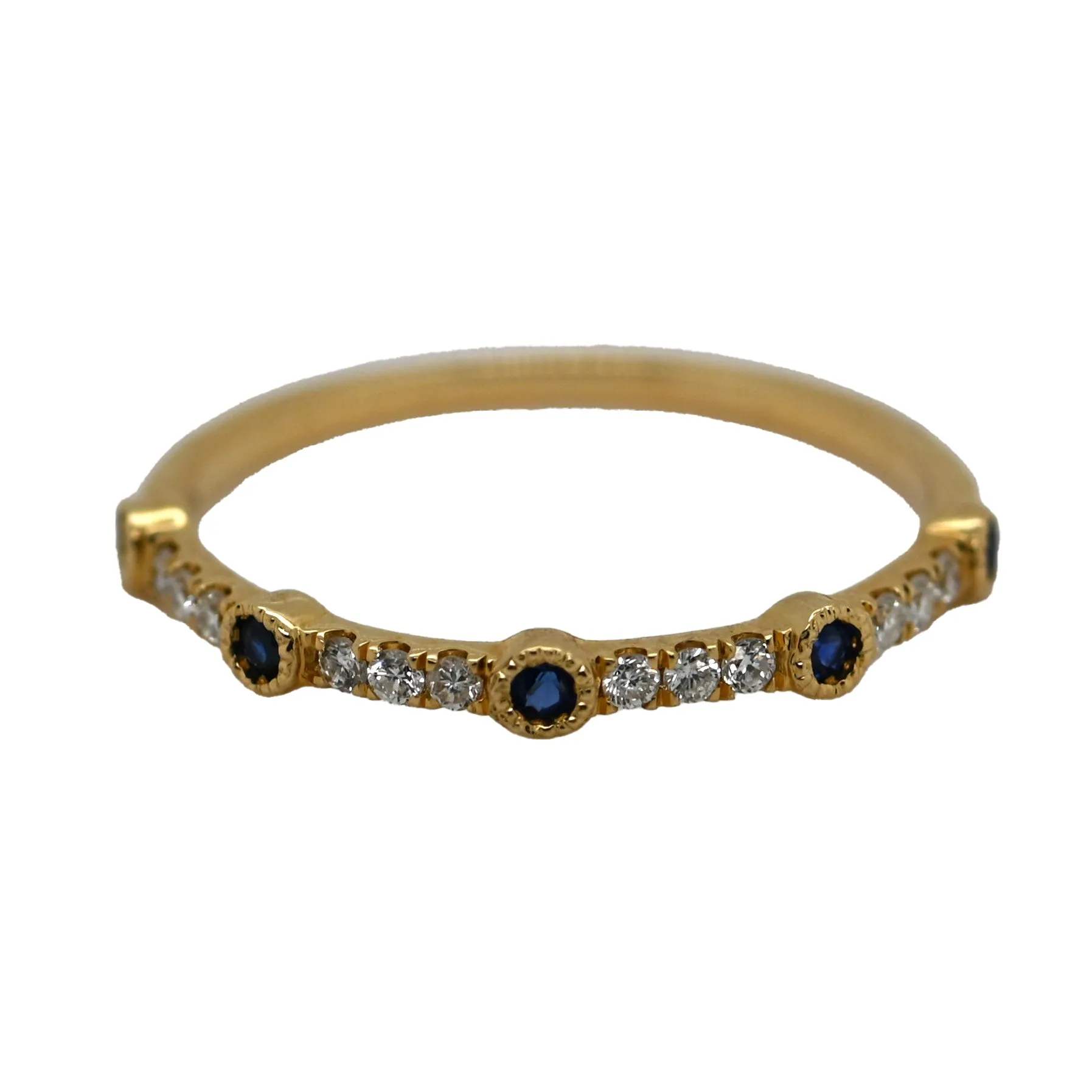 Blue Sapphire & Diamond Bezel Set Yellow Gold Stackable Band