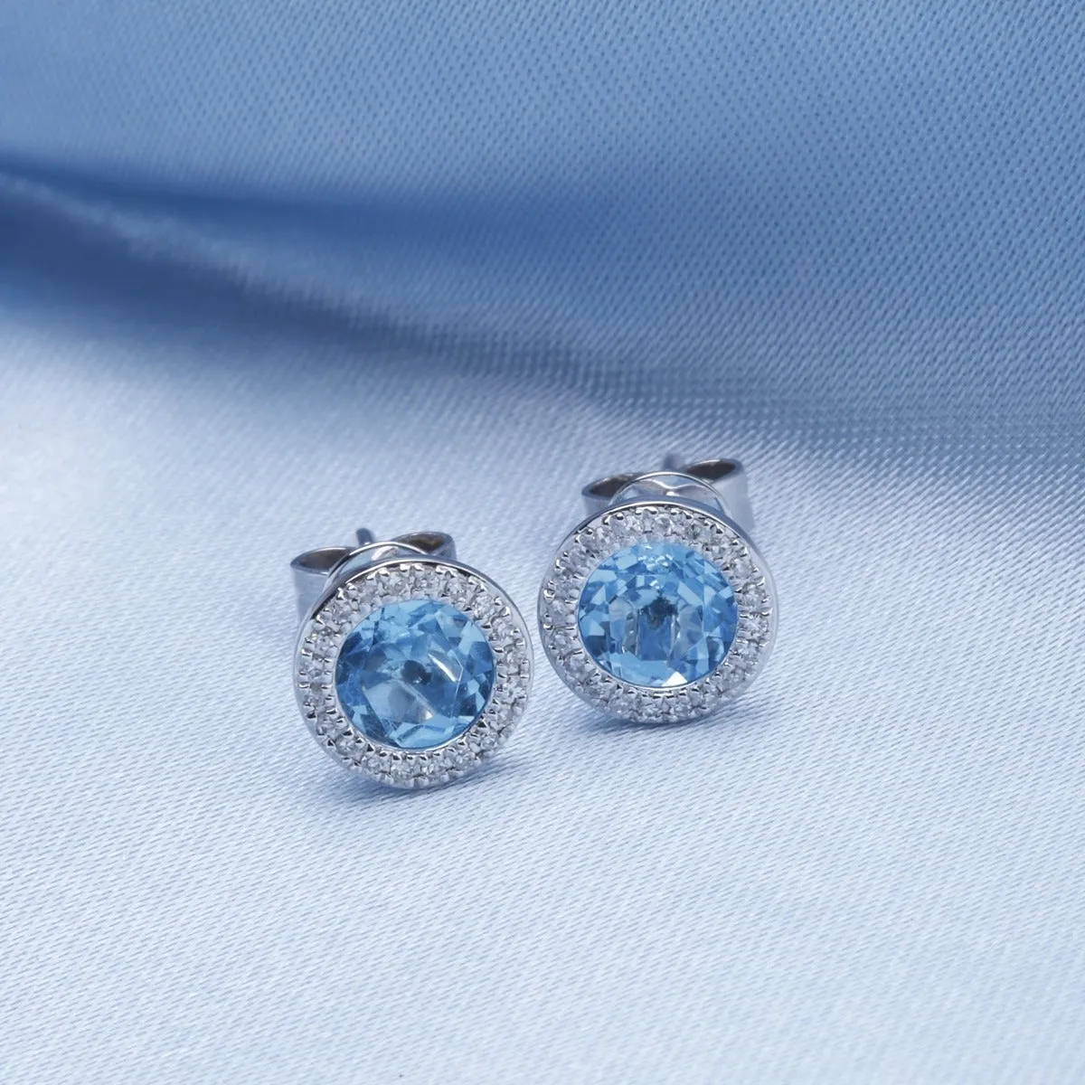 Blue Topaz & Diamond Halo 14K White Gold Martini Stud Earrings