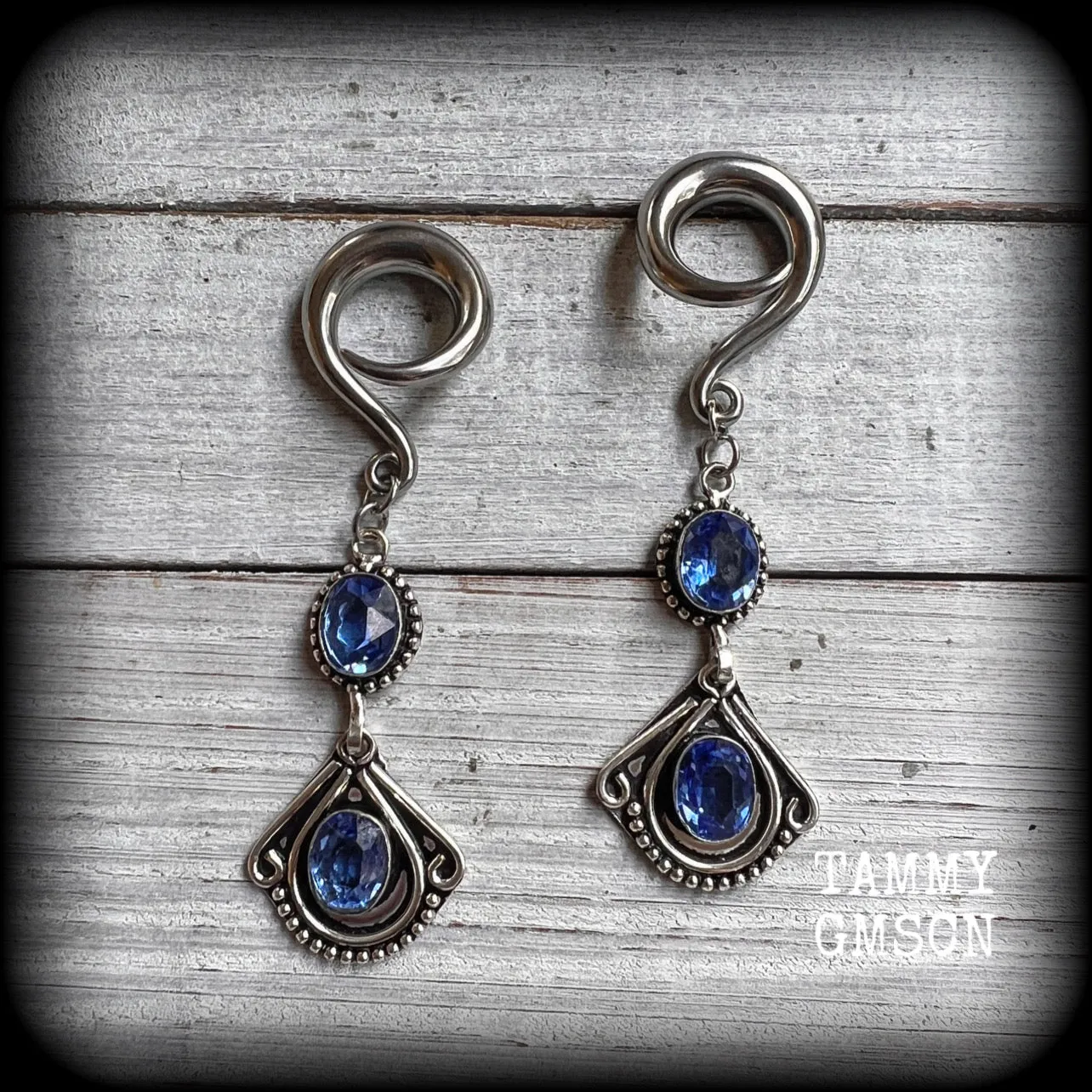 Blue topaz boho gauged earrings-Gemstone ear hangers