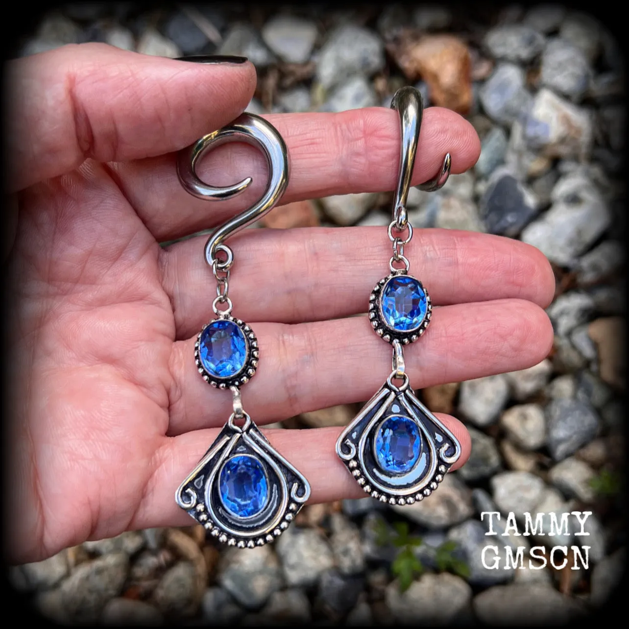 Blue topaz boho gauged earrings-Gemstone ear hangers