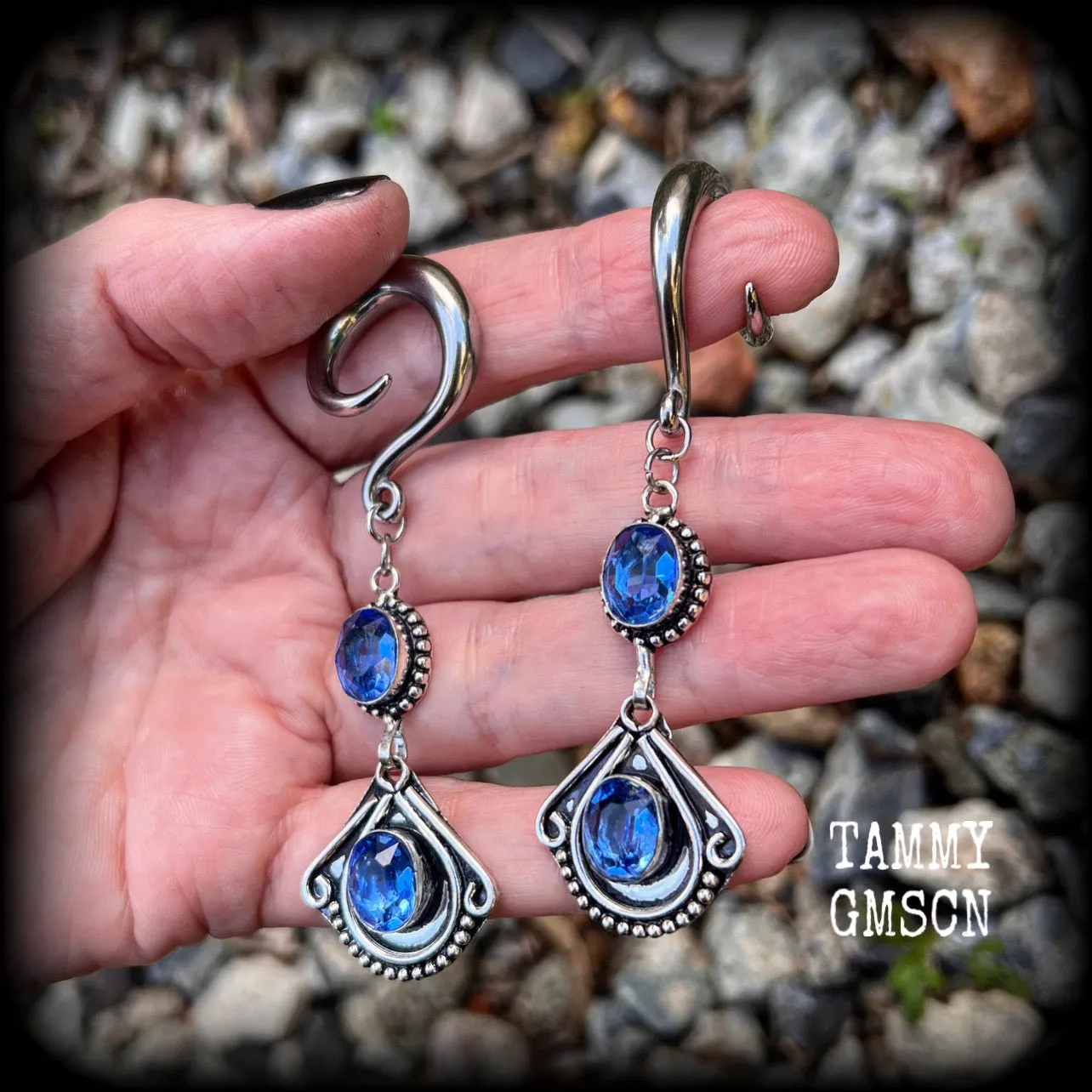 Blue topaz boho gauged earrings-Gemstone ear hangers