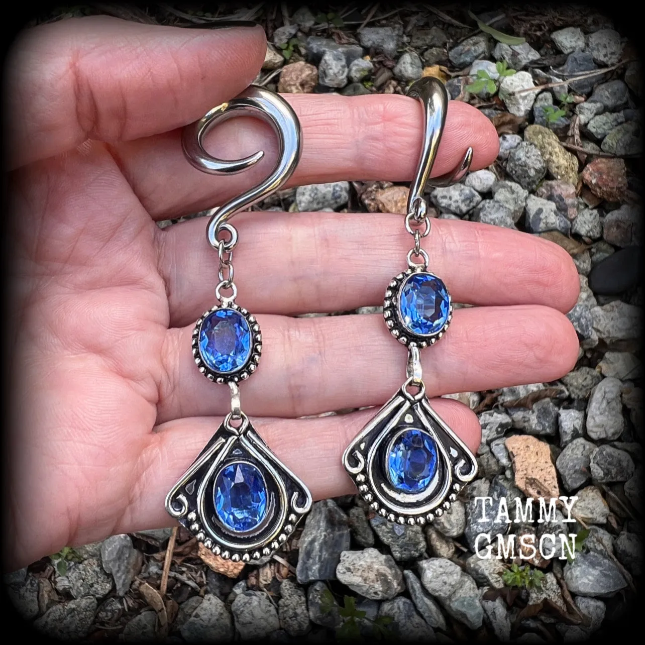 Blue topaz boho gauged earrings-Gemstone ear hangers