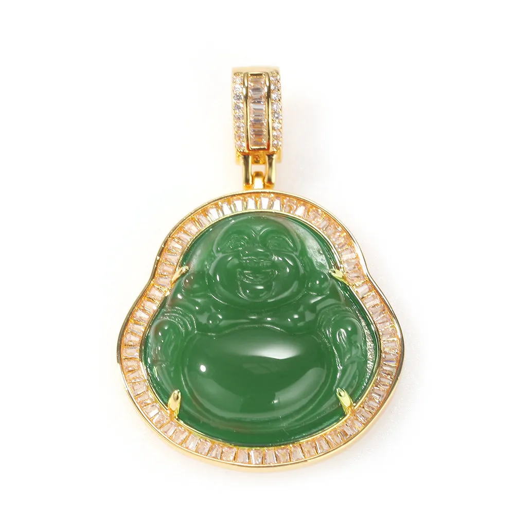 brass baguette diamond green jade buddha pendant necklace