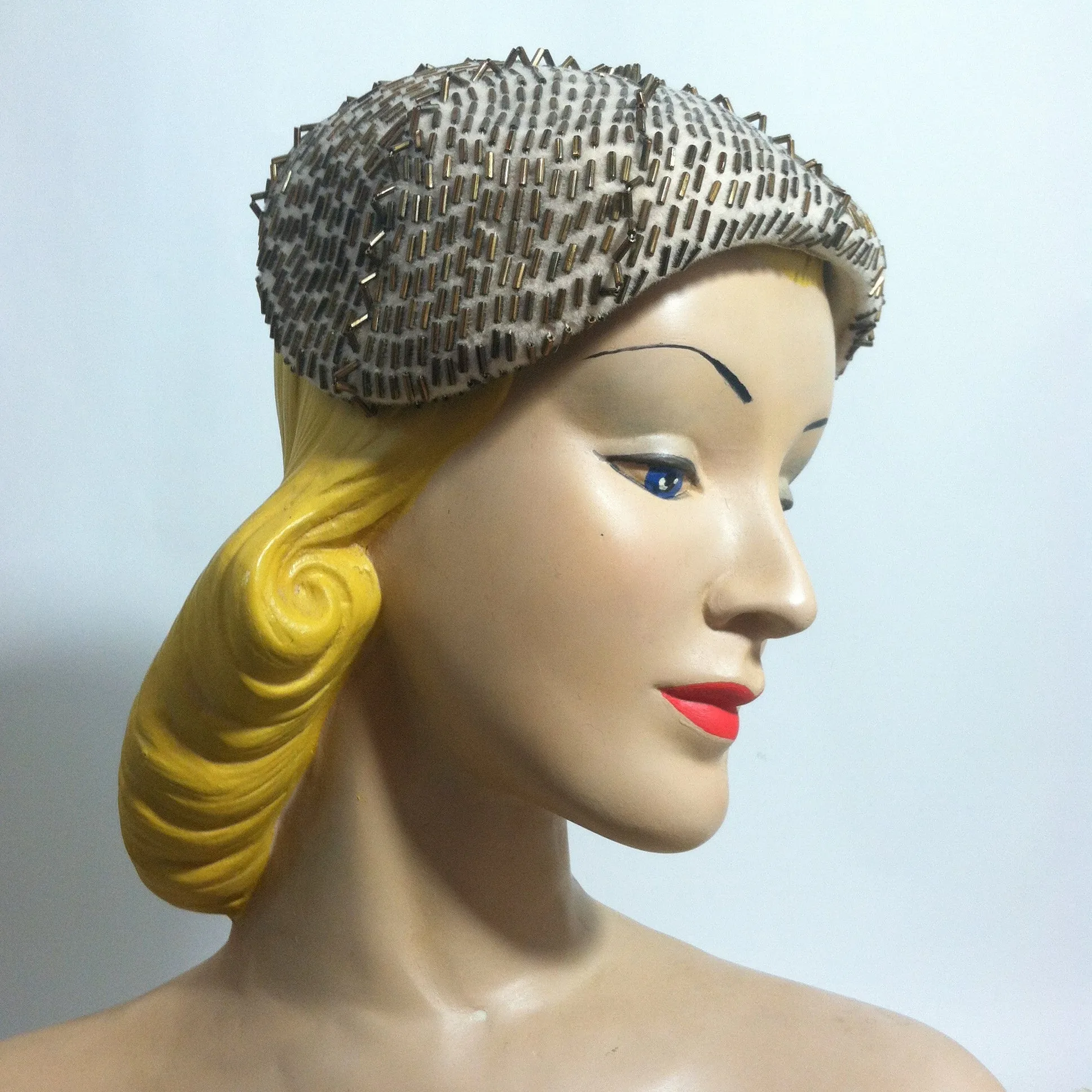 Bronze Beaded Ivory Cocktail Hat circa 1950s