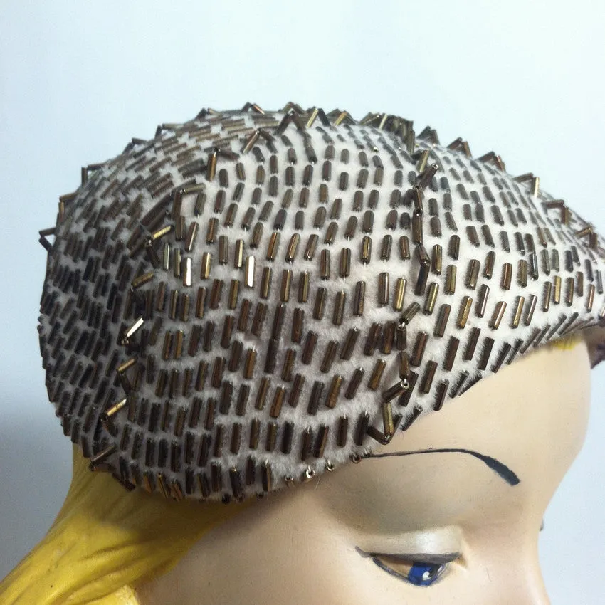 Bronze Beaded Ivory Cocktail Hat circa 1950s