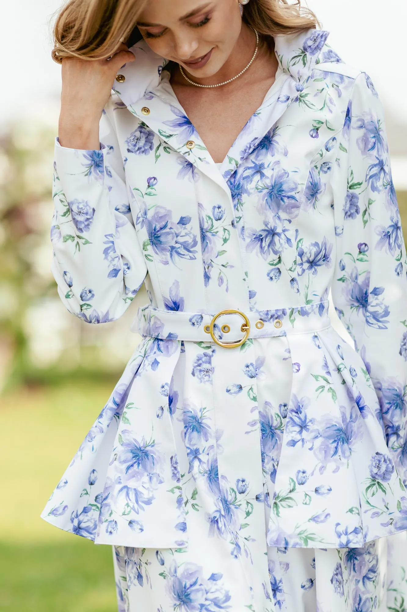 Buckle Belt with Peplum Detail in White with Blue Flower print | 'Floral White'