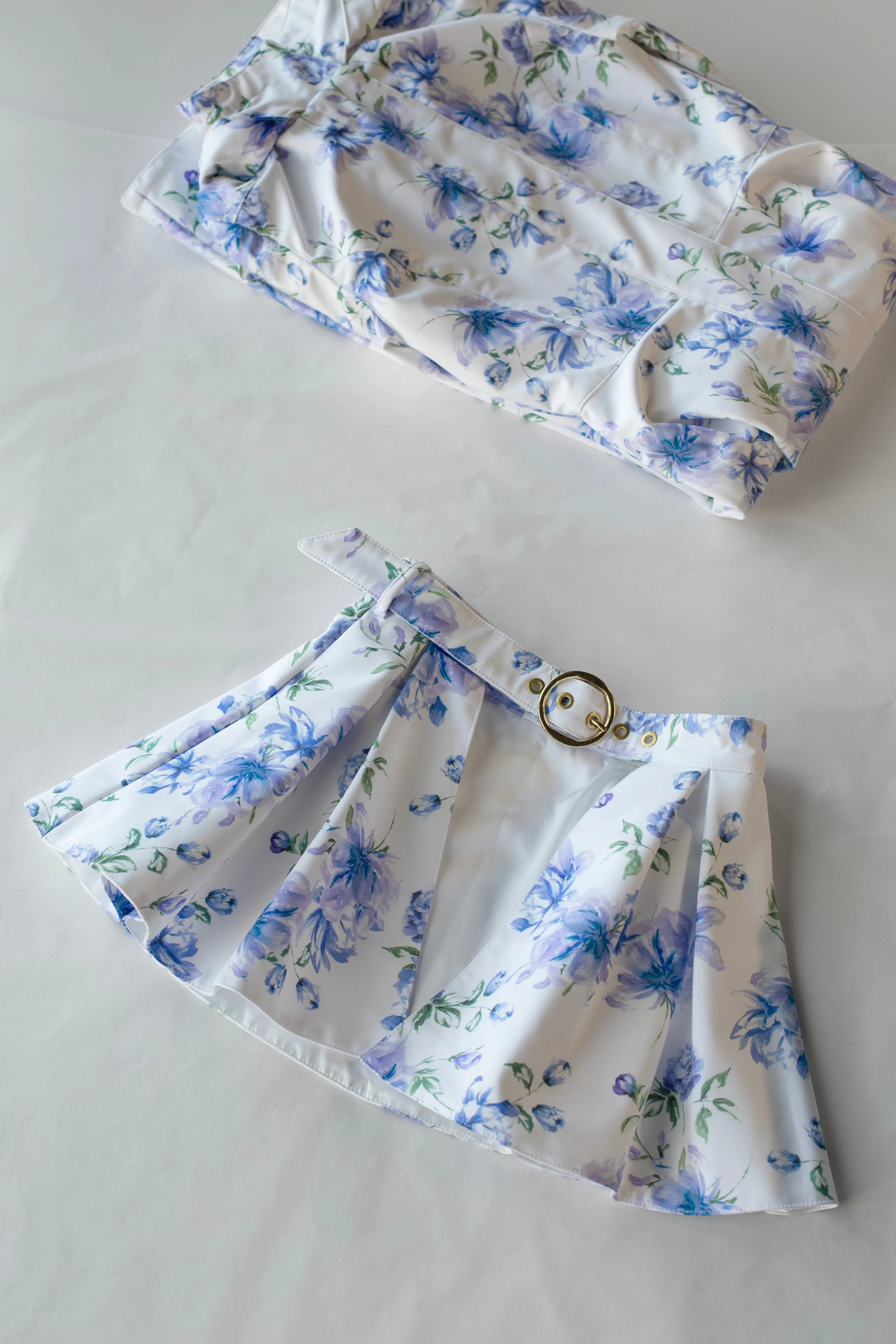 Buckle Belt with Peplum Detail in White with Blue Flower print | 'Floral White'