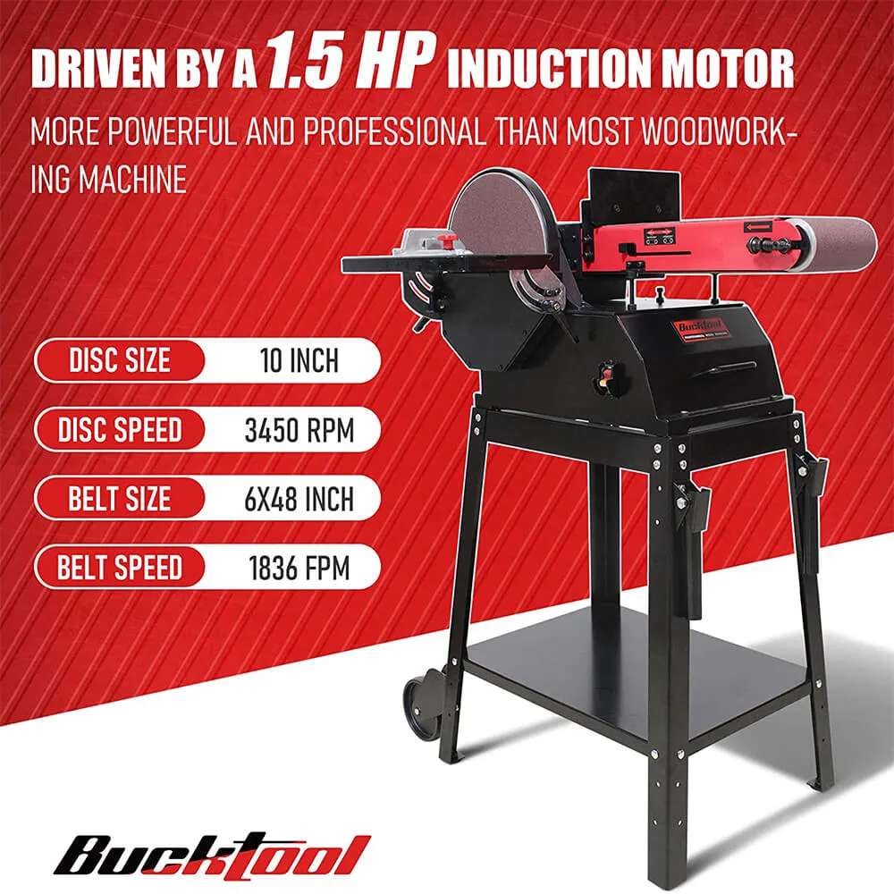 BUCKTOOL BD61000 Bench  6 in. x 48 in. Belt and 10 in. Disc Sander with 1.5 HP Motor and Stand