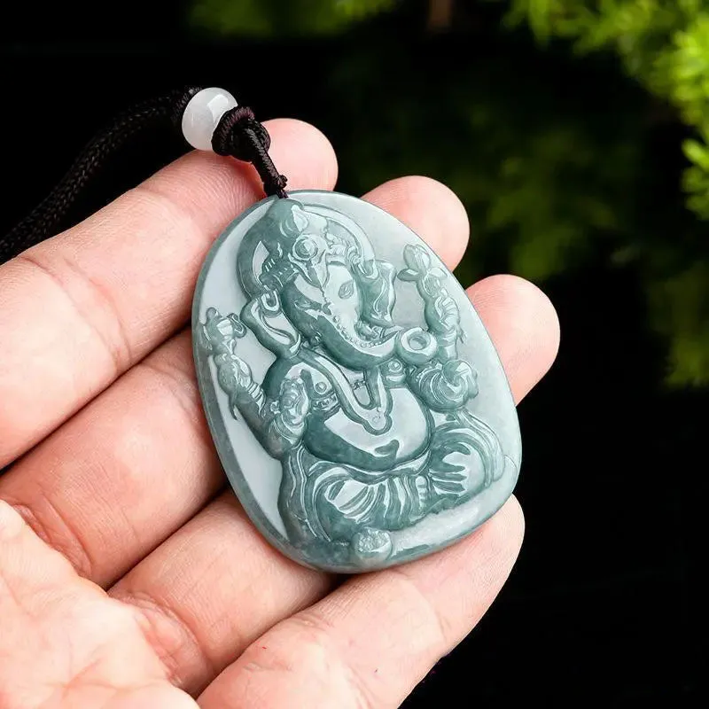 Burmese Jade Jadeite Ganesha Pendant Blue Carved Necklace