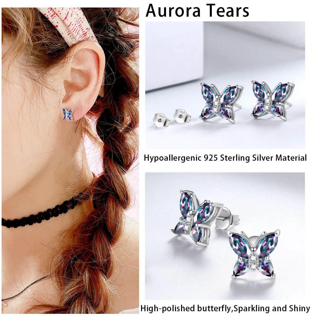 Butterfly Rainbow Mystic Topaz Stud Earrings Women Girls Jewelry Gift Sterling Silver