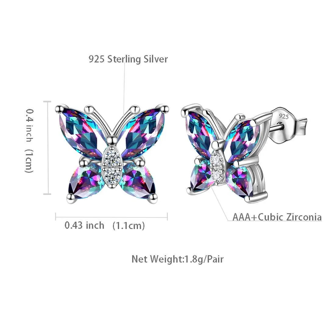 Butterfly Rainbow Mystic Topaz Stud Earrings Women Girls Jewelry Gift Sterling Silver