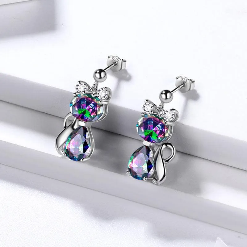 Cat Rainbow Mystic Topaz Earrings Women Girls Jewelry Birthday Gift Sterling Silver