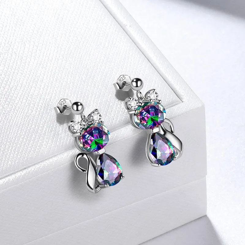 Cat Rainbow Mystic Topaz Earrings Women Girls Jewelry Birthday Gift Sterling Silver