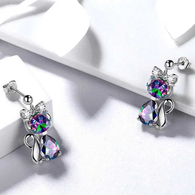 Cat Rainbow Mystic Topaz Earrings Women Girls Jewelry Birthday Gift Sterling Silver