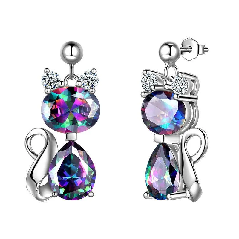 Cat Rainbow Mystic Topaz Earrings Women Girls Jewelry Birthday Gift Sterling Silver