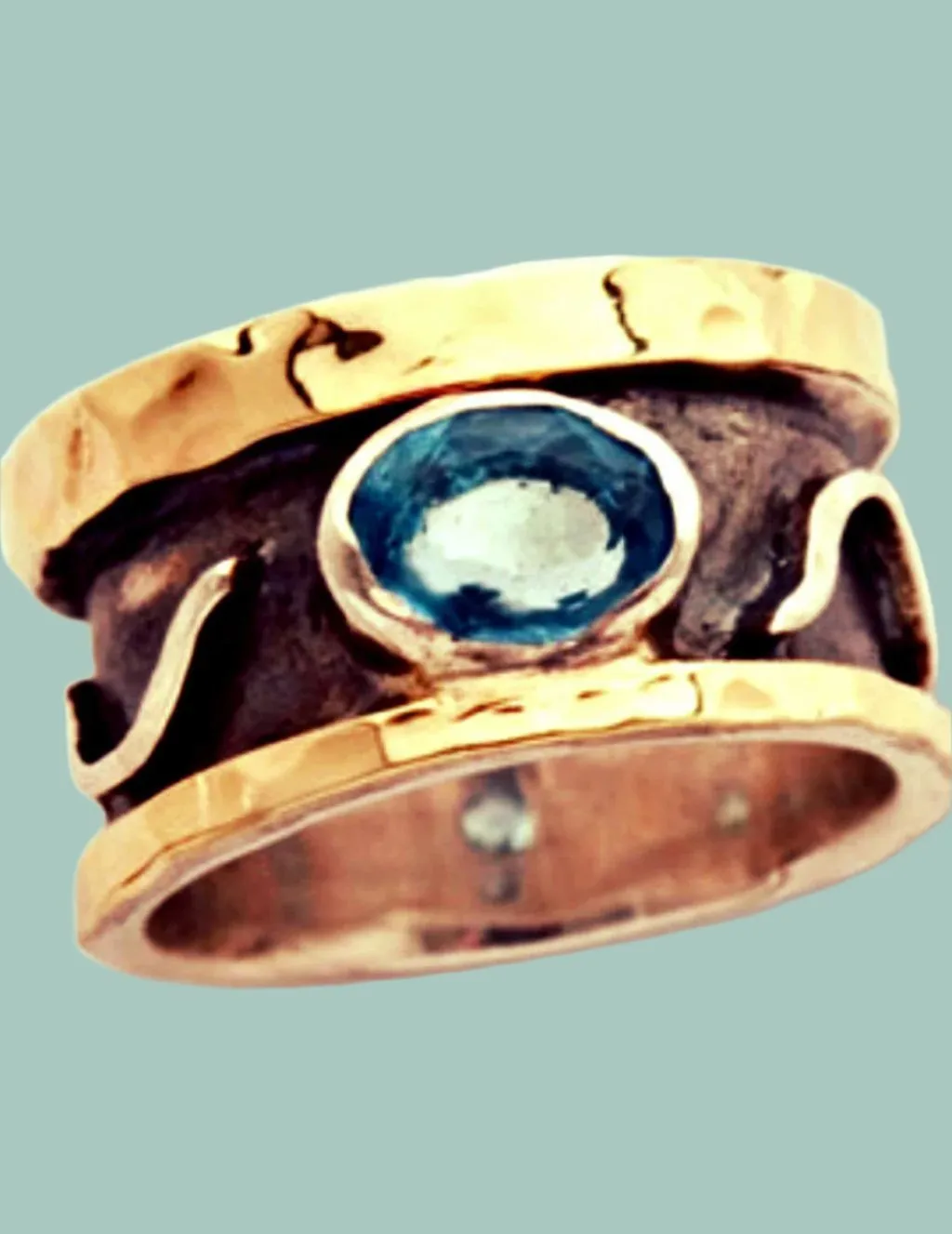 Celestial Ring Blue Topaz on Sterling Silver and Gold Ring for woman