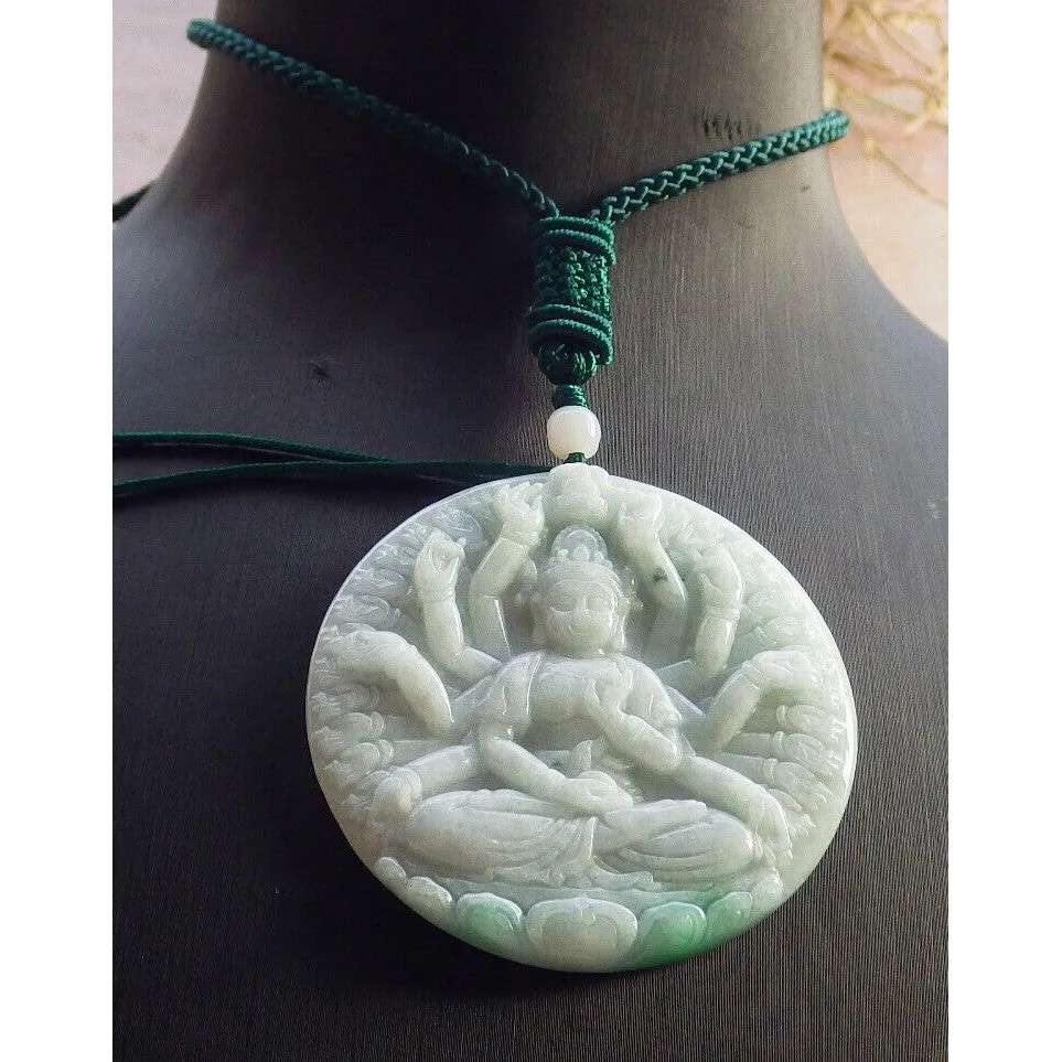 Certified Green Natural A Jade Jadeite Pendant 1000 Hand Guanyin Kwan Yin Necklace