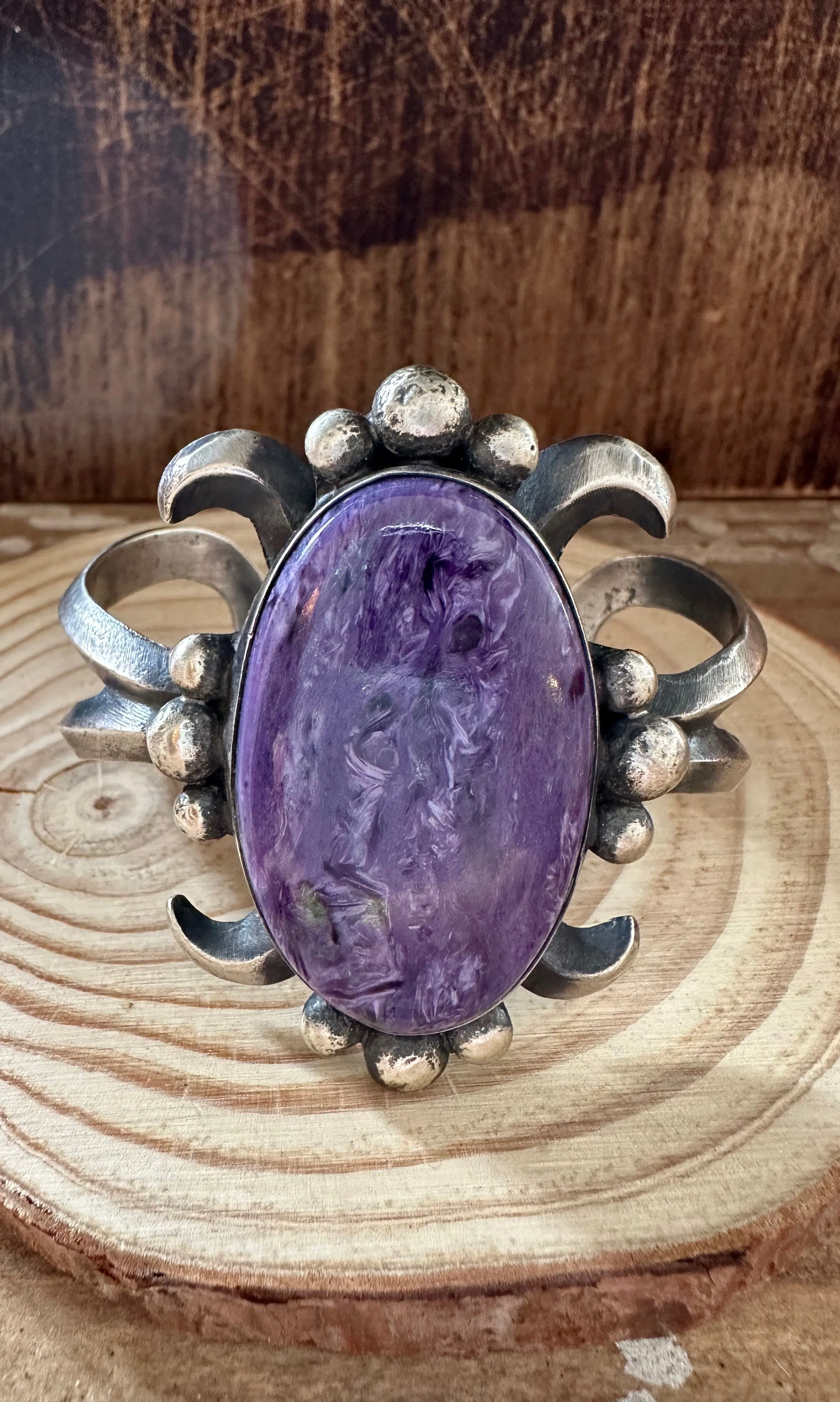 CHIMNEY BUTTE Charoite Stone and Sandcast Silver Cuff