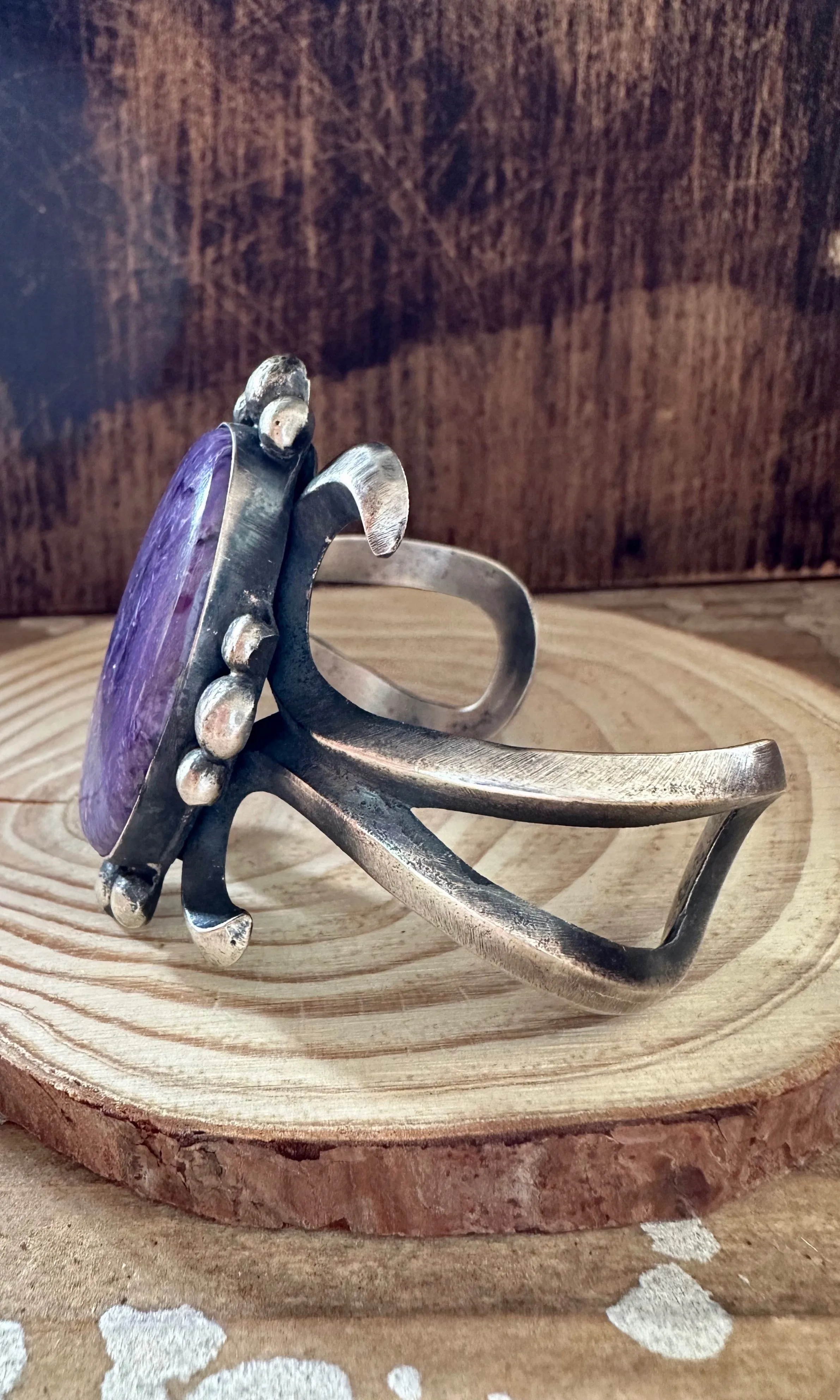 CHIMNEY BUTTE Charoite Stone and Sandcast Silver Cuff