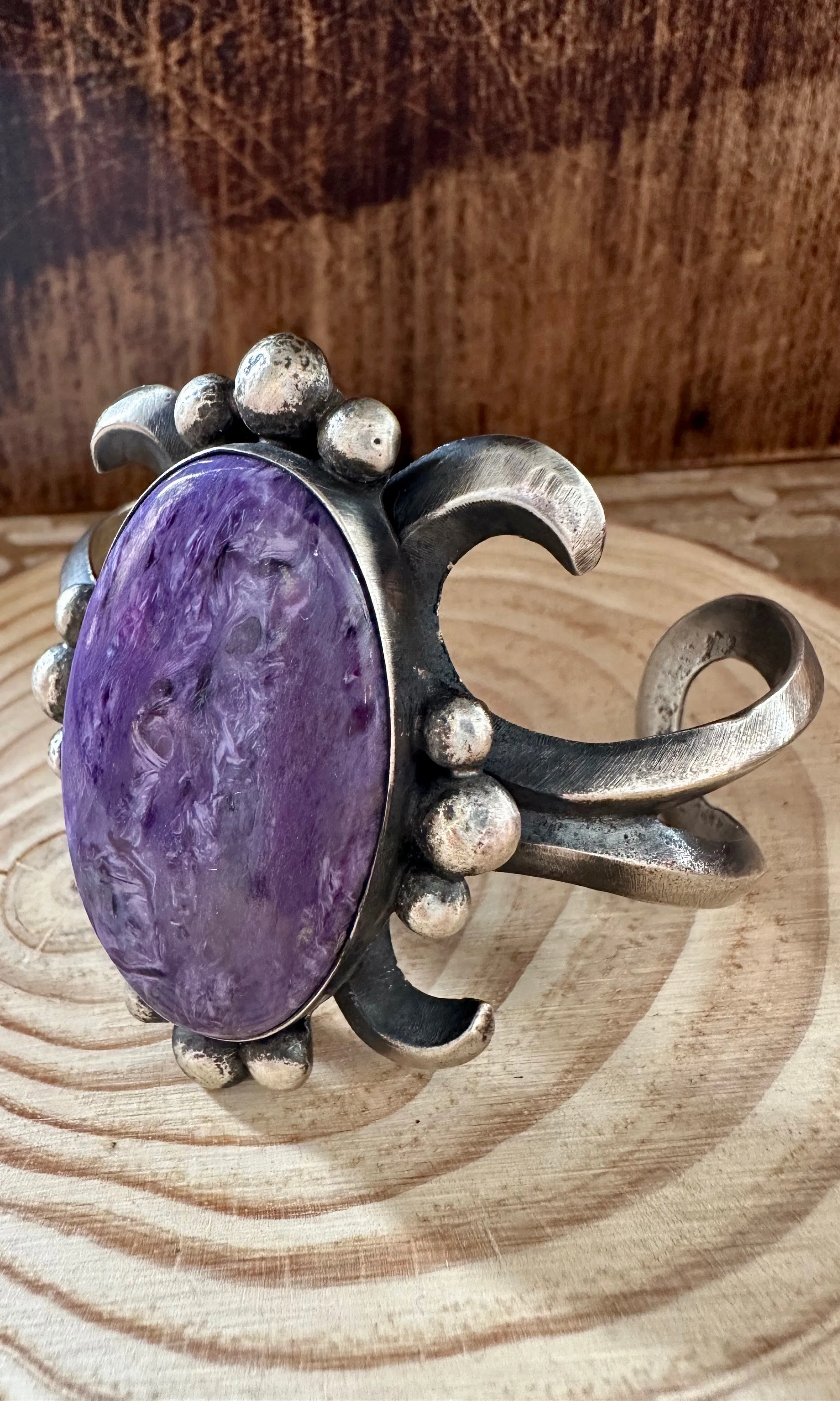 CHIMNEY BUTTE Charoite Stone and Sandcast Silver Cuff