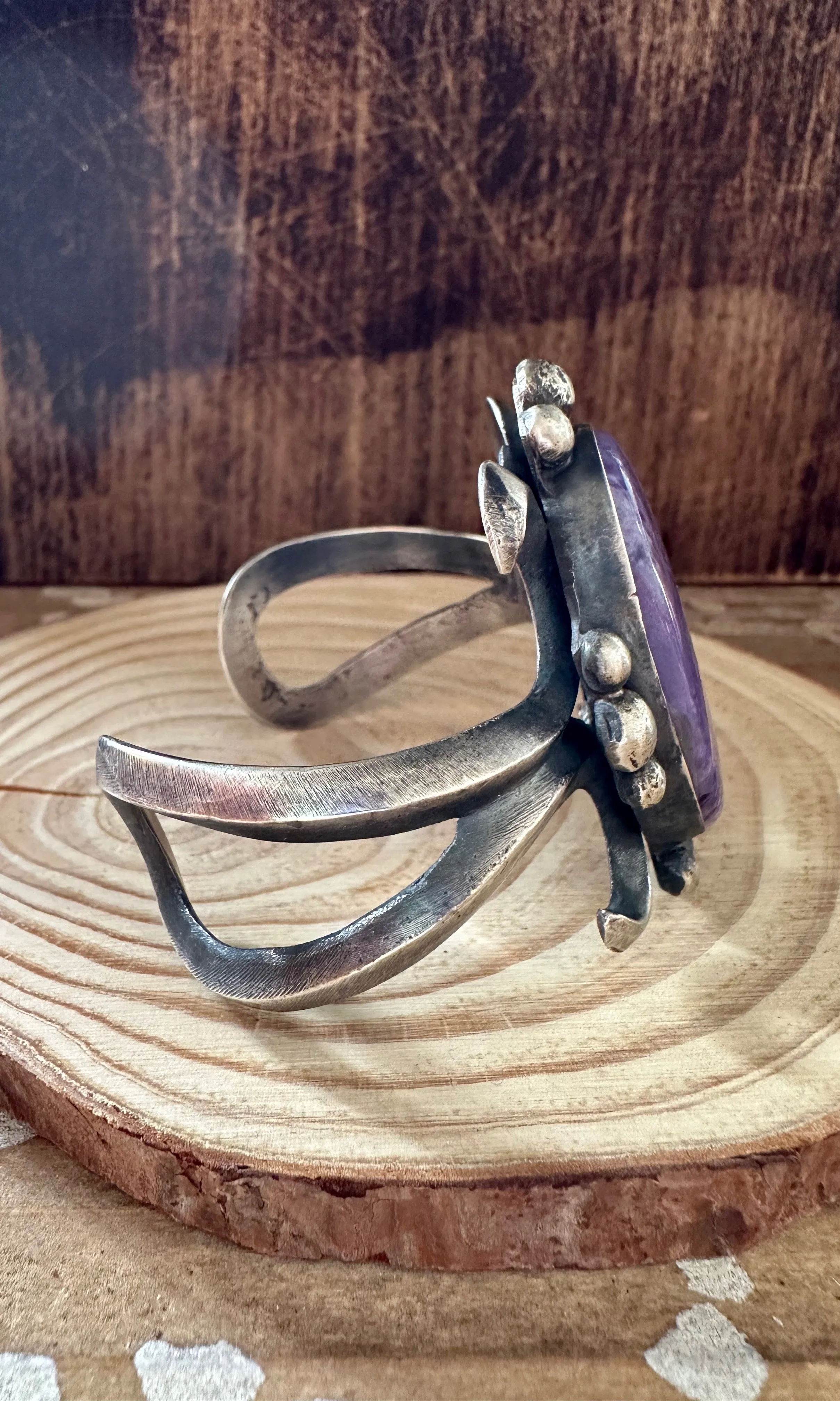 CHIMNEY BUTTE Charoite Stone and Sandcast Silver Cuff