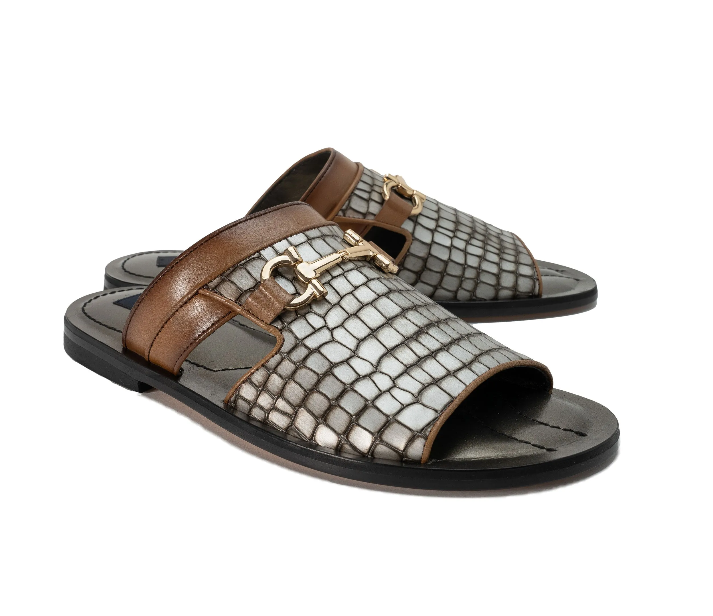 Corrente Crocodile Printed Calfskin Belt Silver