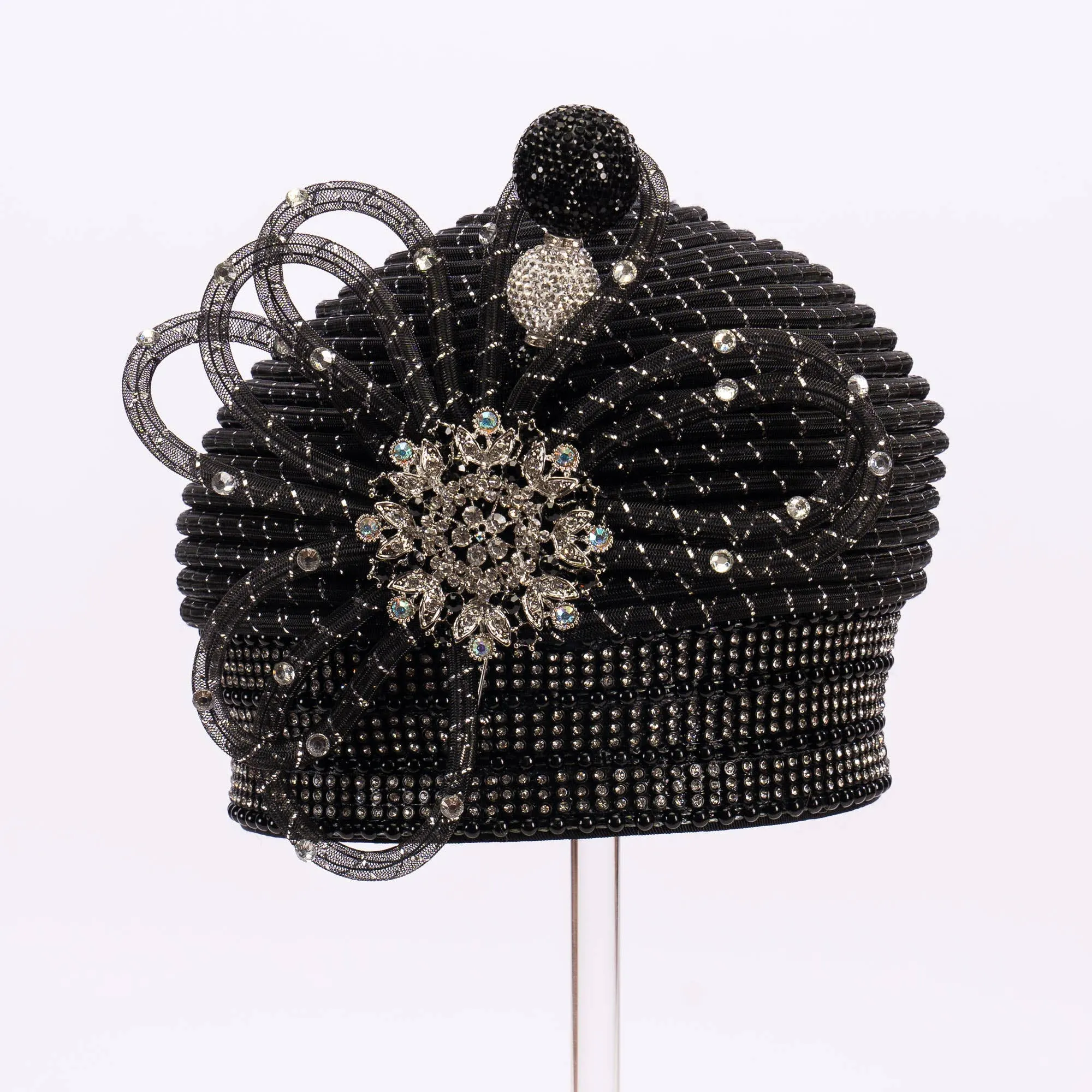 Crinoline Tube Stone Hat Pin Round Pillbox: Black