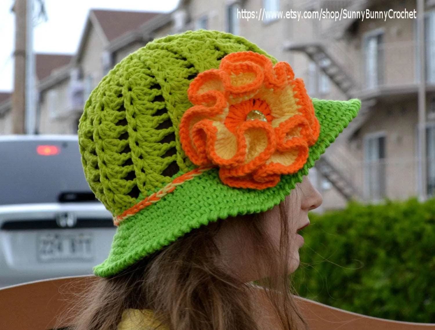 CROCHET SUMMER HAT - Crochet Sun hat, Girls Hat, Children, Large Flower, Cotton Beach Sun Hat, Brim, Baby, Crochet pattern, Green, Orange